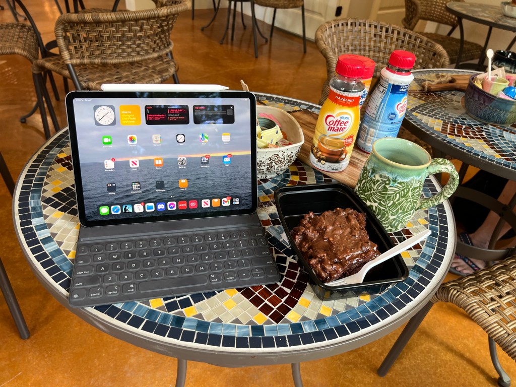 IPad, brownie and coffee